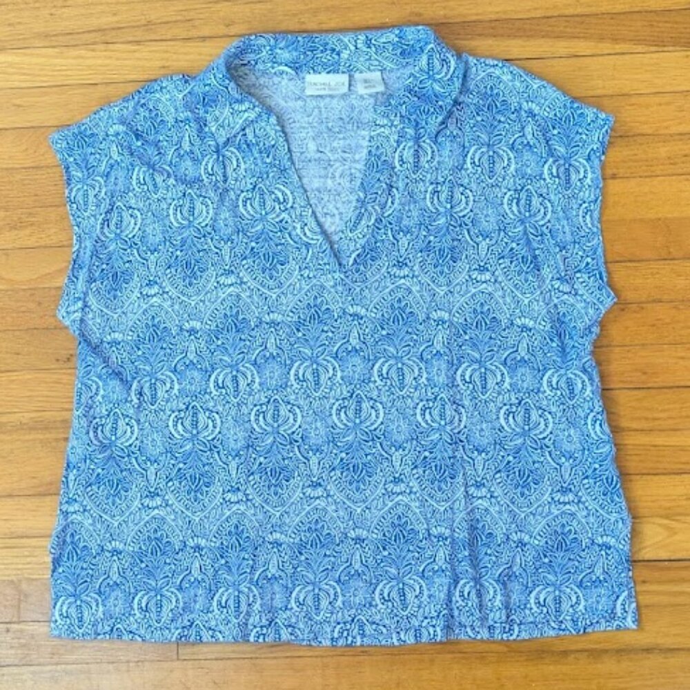 RACHEL ZOE Women Sz L Shirt Blue White Floral Linen Cap Sleeves Polo Collar